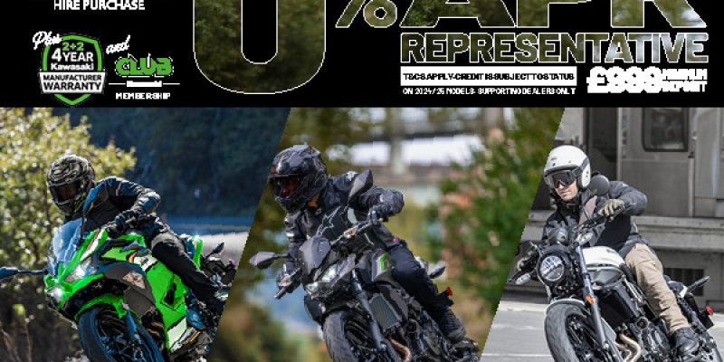 Enjoy 0% APR on HP and 5.9% PCP APR Representative on a wide range of Kawasaki machines!